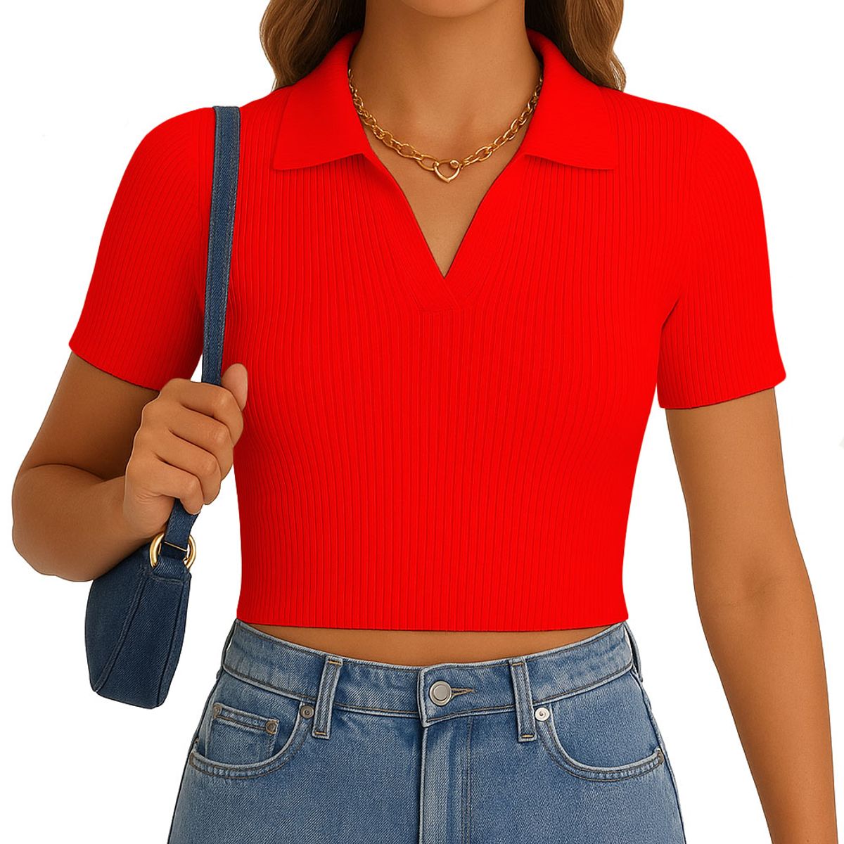 GENERICO - Polo Mujer Camisero Manga Corta New 710-13 Rib Grueso Color Rojo