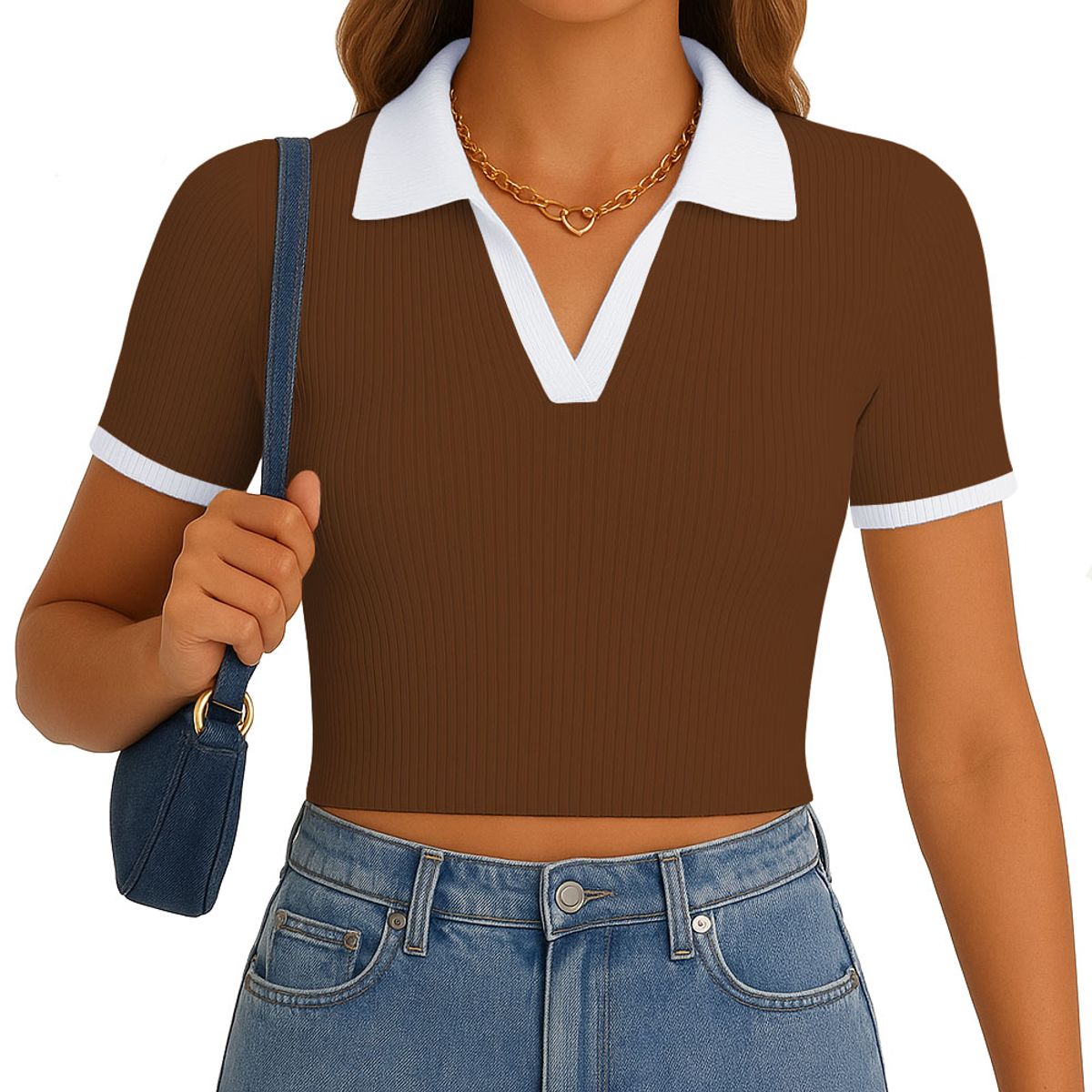 GENERICO - Polo Mujer Camisero Bicolor Manga Corta Rib Grueso New 710-13 Color Marron