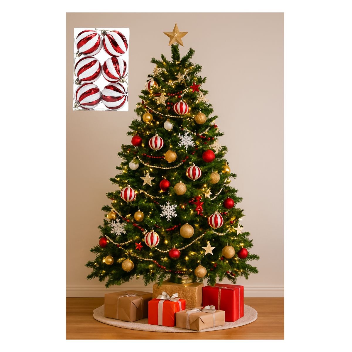 GENERICO - SET DE BOLAS DE NAVIDAD DE COLOR ROJO Y BLANCO 10 CM PREMIUM