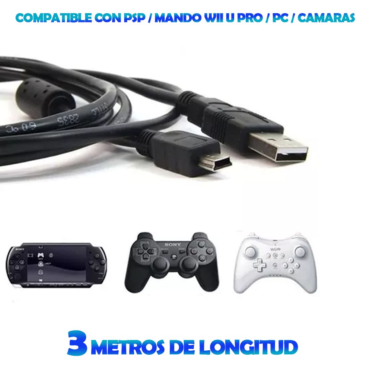 GENERICO - Cable de Carga Para PS3 De 3 Metros De Longitud