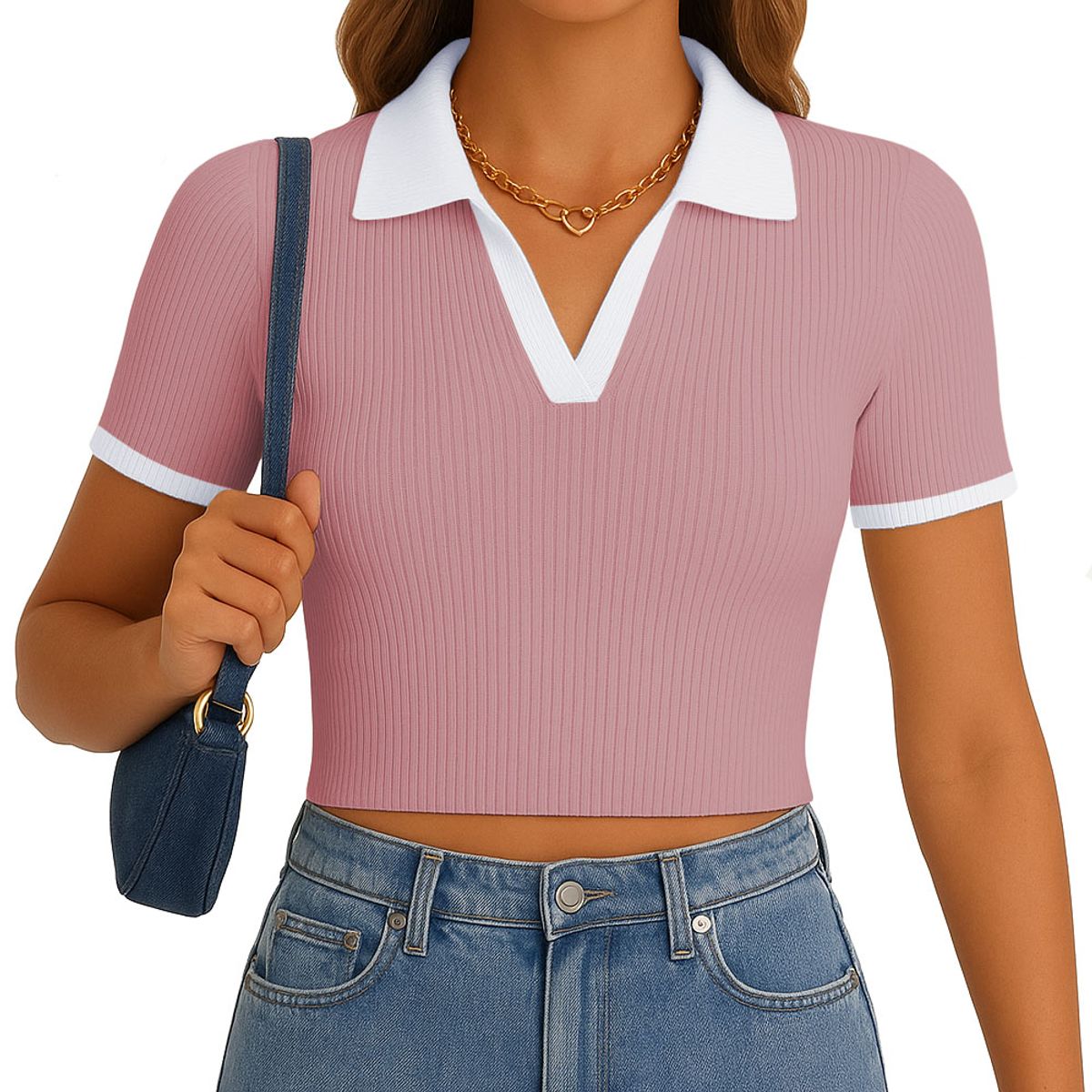 GENERICO - Polo Mujer Camisero Bicolor Manga Corta Rib Grueso New 710-13 Color Api