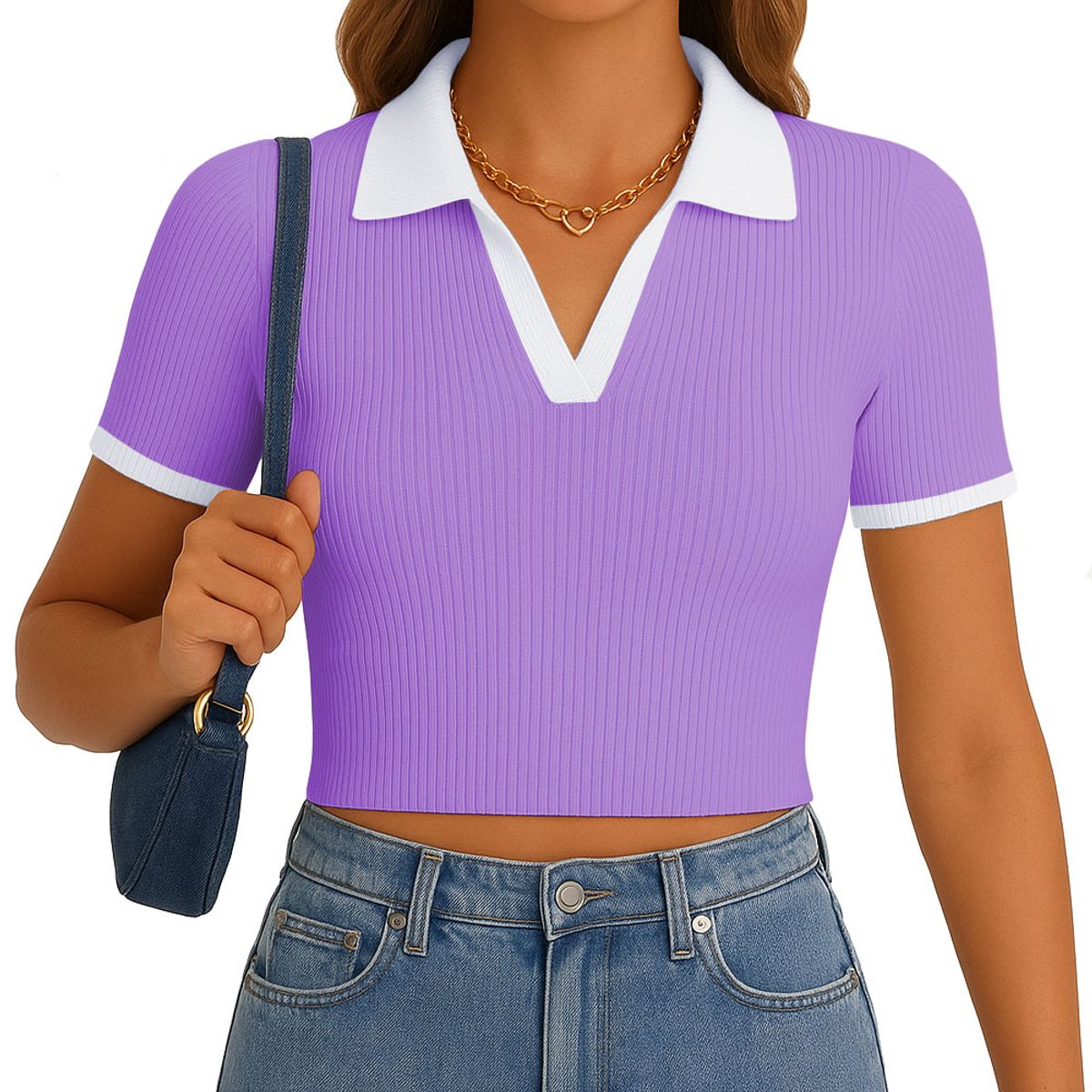 GENERICO - Polo Mujer Camisero Bicolor Manga Corta Rib Grueso New 710-13 Color Lila