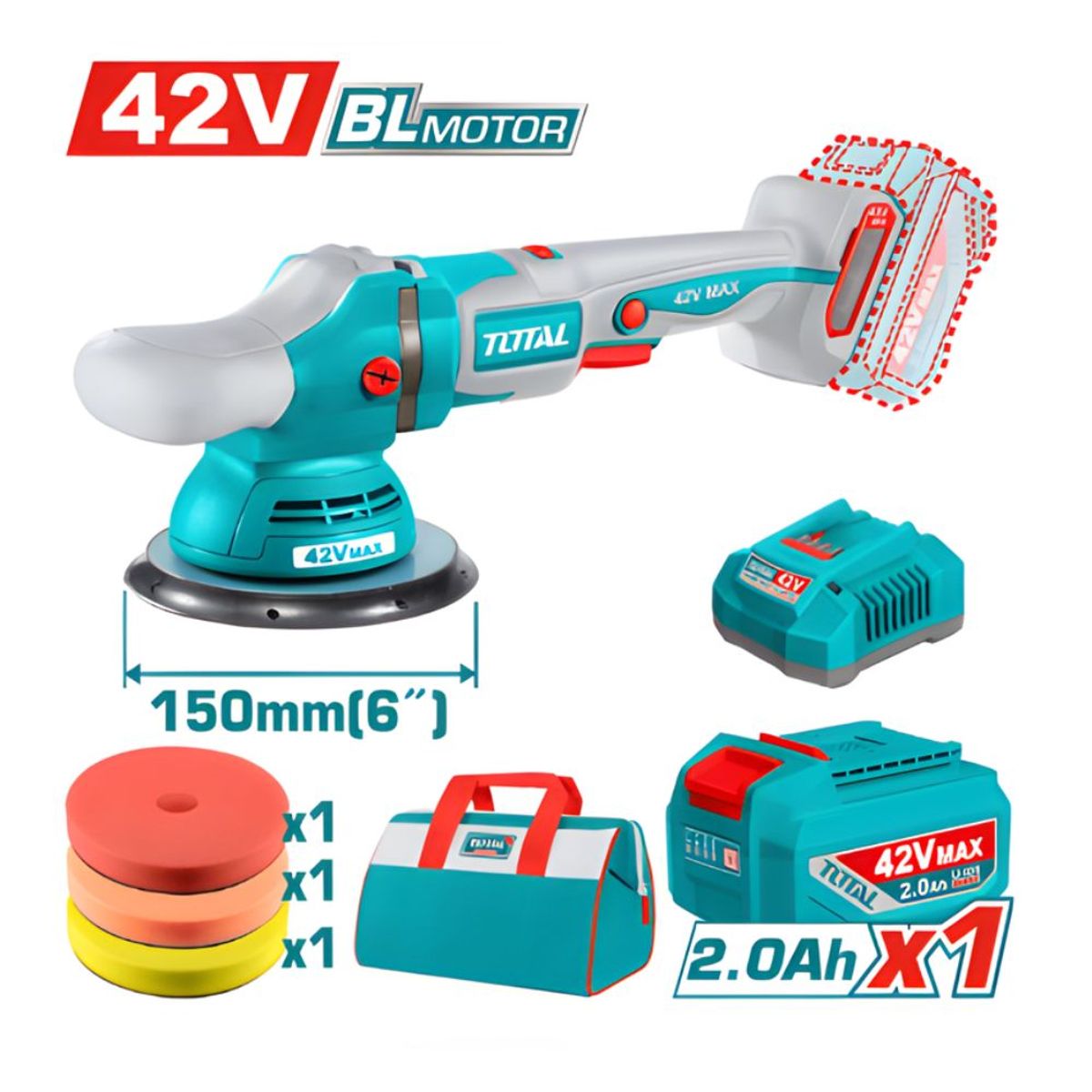 TOTAL TOOLS - Pulidora Angular 42V 150MM6’’ 2000-4500RPM Industrial - TAPLI42151