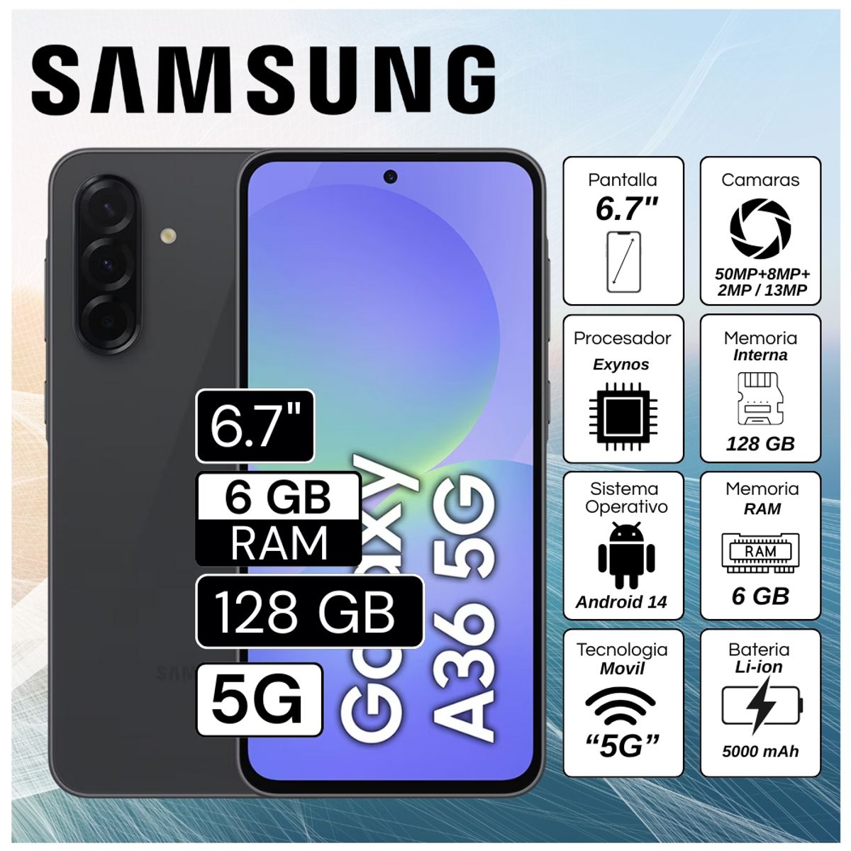 Celular Samsung Galaxy A36 5G  6.7"  Pulg. 6GB RAM 128GB Android 14  - Negro, marca SAMSUNG - Foto Principal