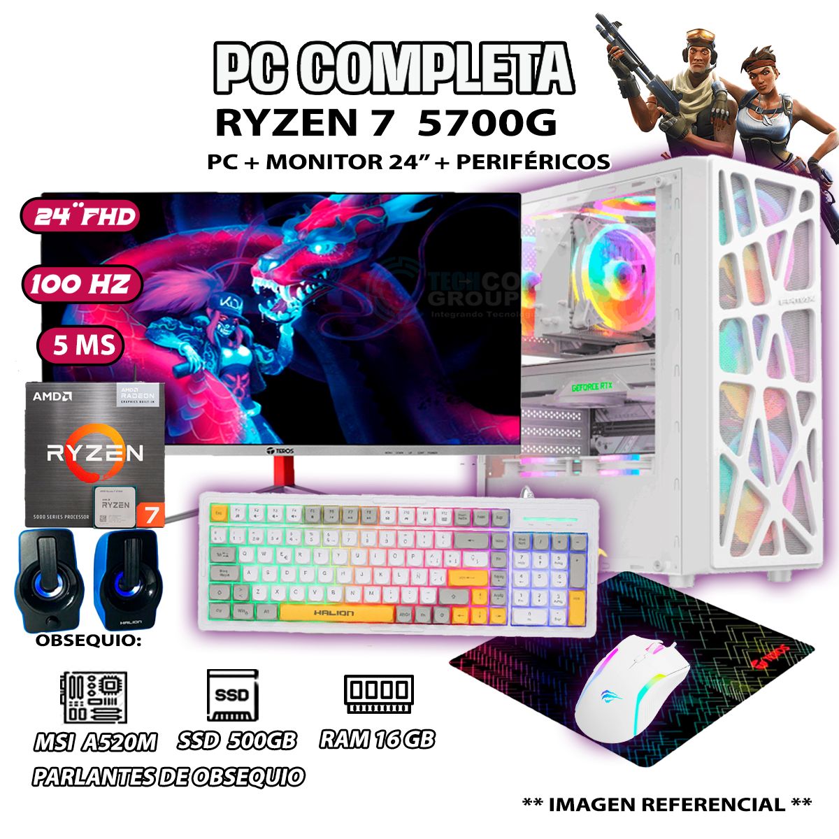 AMD - Computadora Completa Ryzen 7 5700G RAM 16GB DISCO SSD 500GB MONITOR 24" FHD