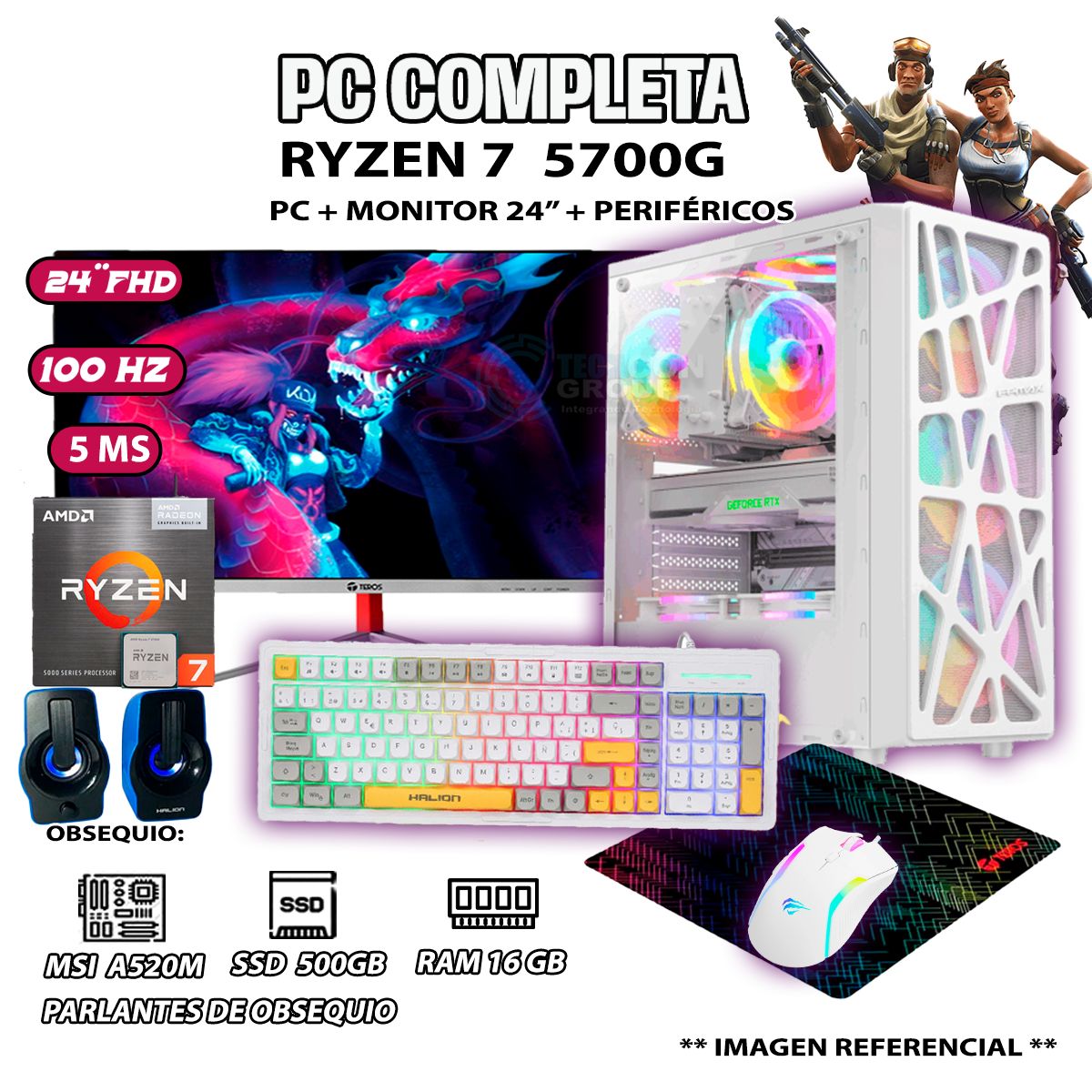 AMD - Computadora Completa Ryzen 7 5700G RAM 16GB DISCO SSD 500GB MONITOR 24" FHD