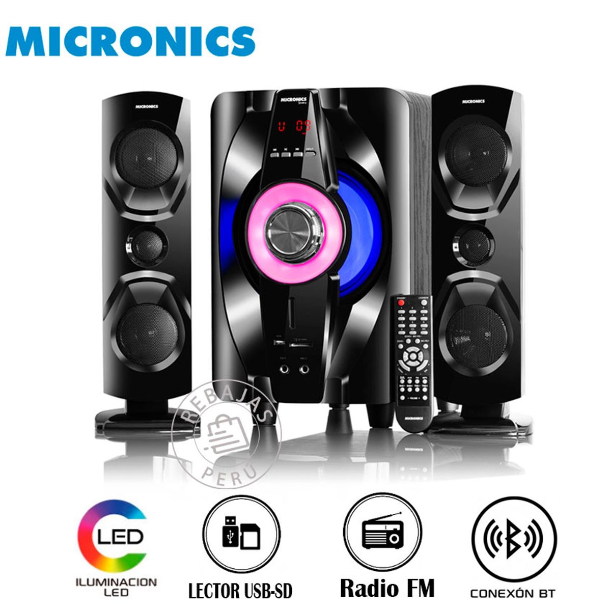 MICRONICS - Shelby MIC S7011 KTV Sistema 2.1 Woofer 8'' Ritmic LED Bluetooth FM