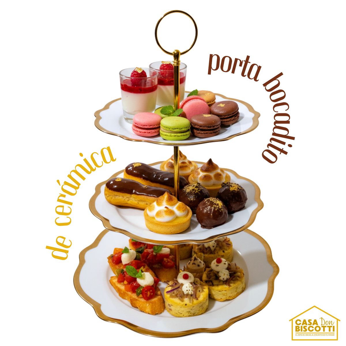 GENERICO - Porta Bocaditos de Cerámica de 3 Pisos con Borde Dorado para Eventos - Torre para Postres Brunch
