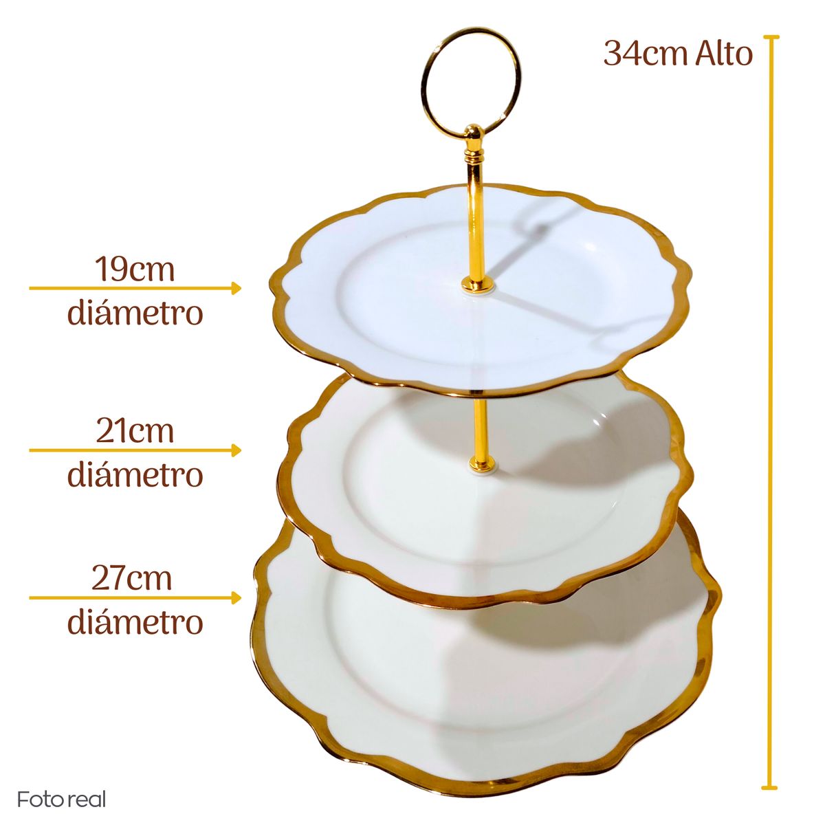 GENERICO - Porta Bocaditos de Cerámica de 3 Pisos con Borde Dorado para Eventos - Torre para Postres Brunch
