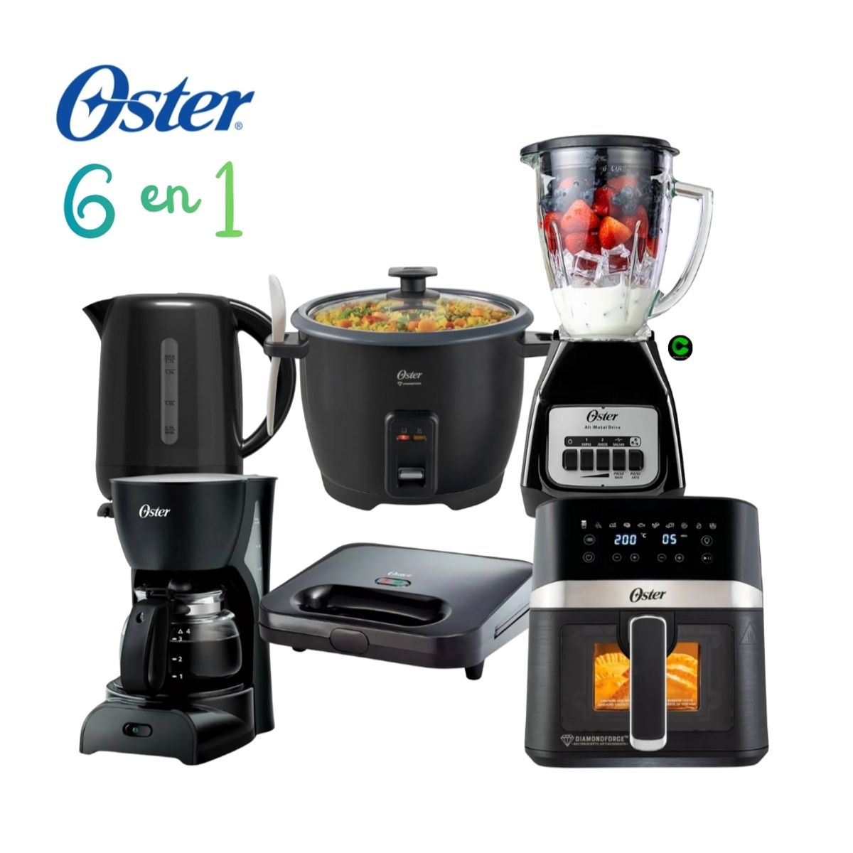 OSTER - Super Combazo 6 en 1 Licuadora + Hervidor + Arrocera + Sandwichera + Cafetera y Freidora