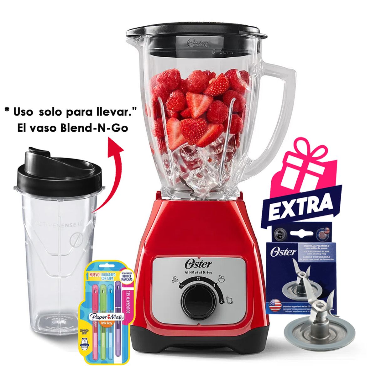 OSTER - Licuadora Oster con Vaso de Vidrio y Control de Perilla BLSTKAGRRD + vaso Blend-N-Go de Tritan