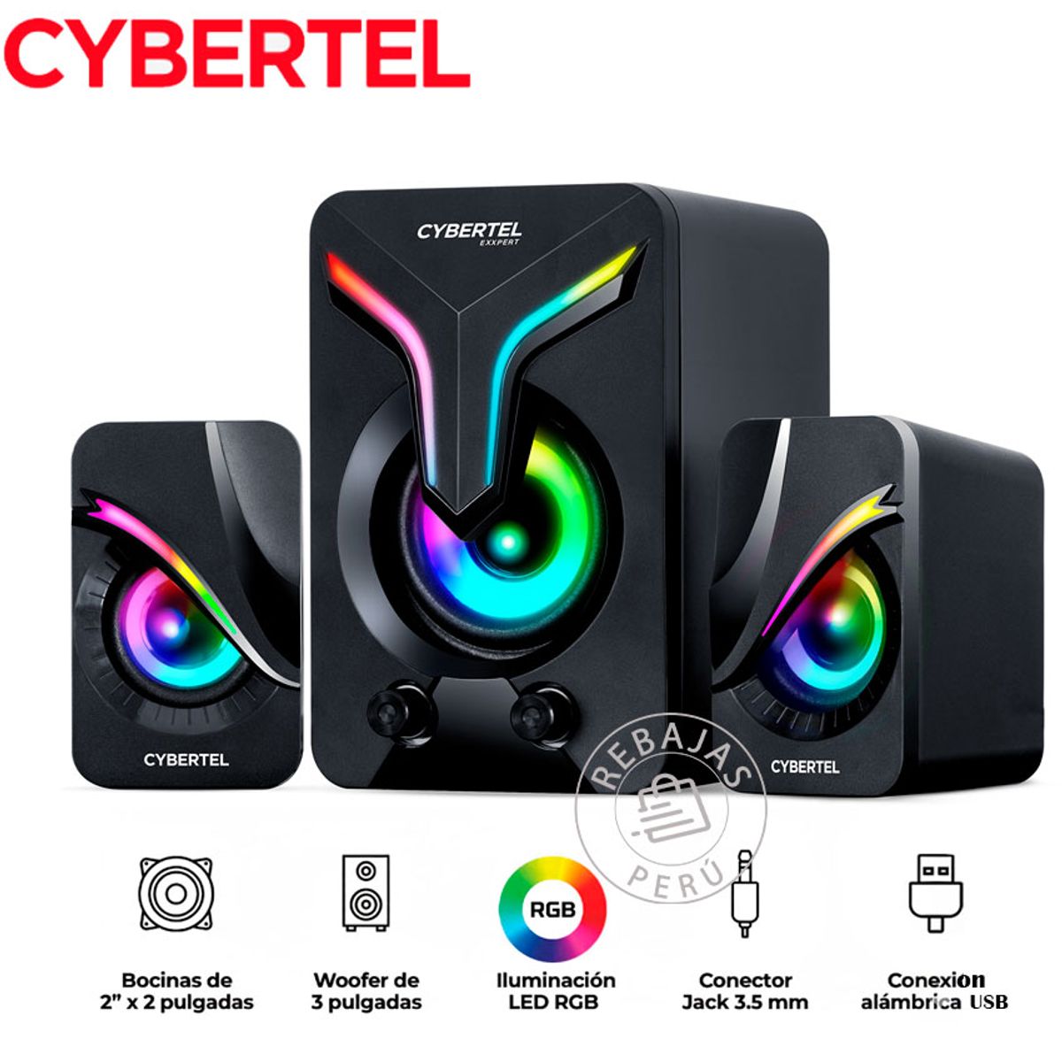 Exxpert CBX S500 Sistema Gamer 2.1 RGB Woofer 3'' Bocinas 2'' USB PC, marca CYBERTEL - Foto Principal