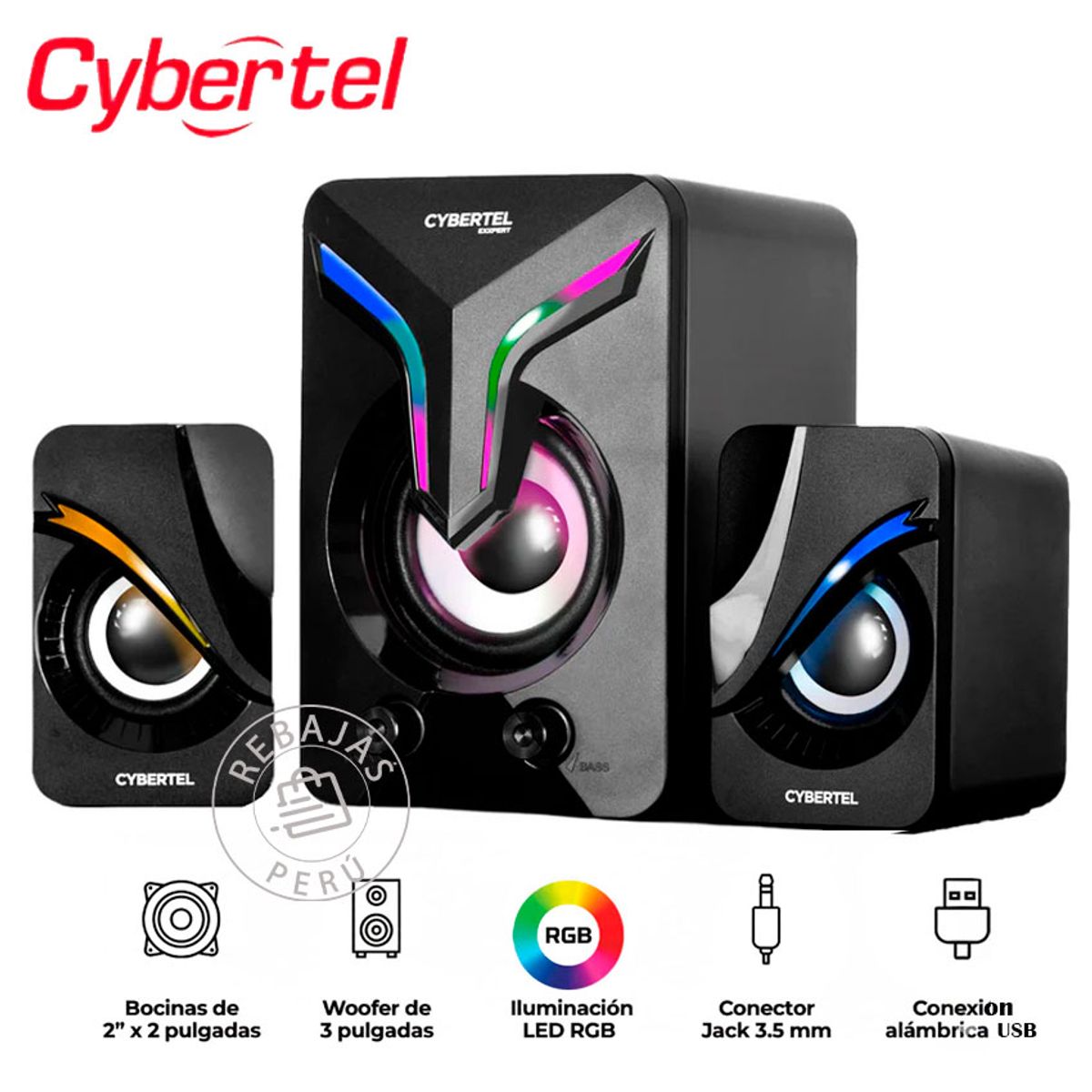 CYBERTEL - Parlante Exxpert CBX S500 2.1 RGB Gamer Jack 3.5mm USB Laptop PC TV