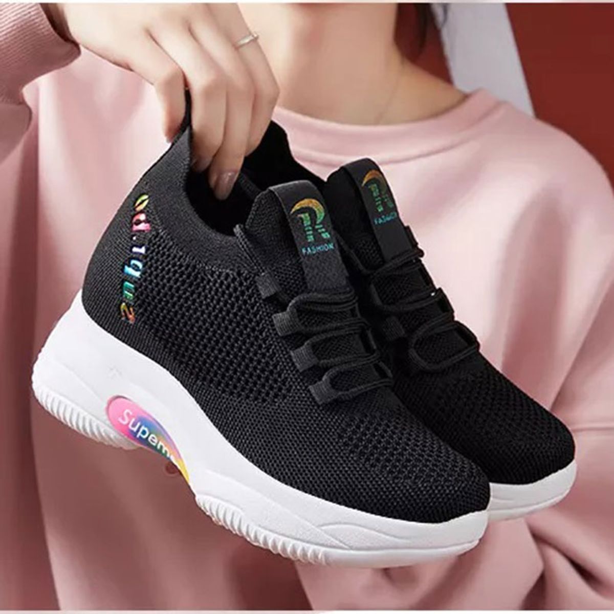 GENERICO - Zapatillas con taco incorporado de malla para mujer transpirables y cordones