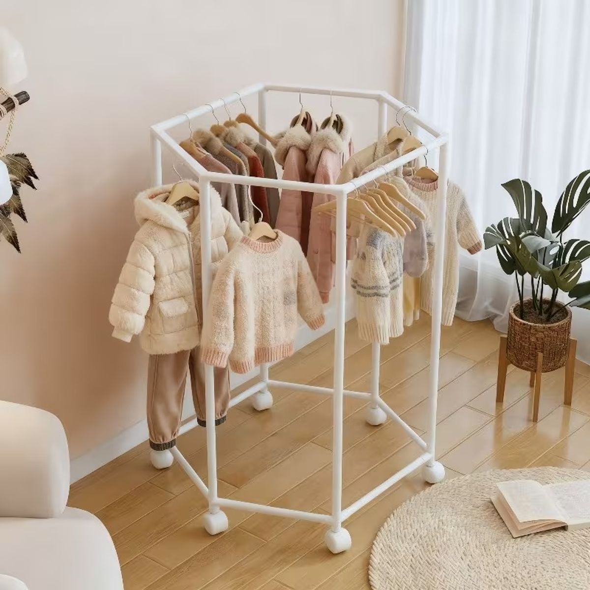 GENERICO - Estante de ropa giratorio hexagonal con ruedas organizador de metal