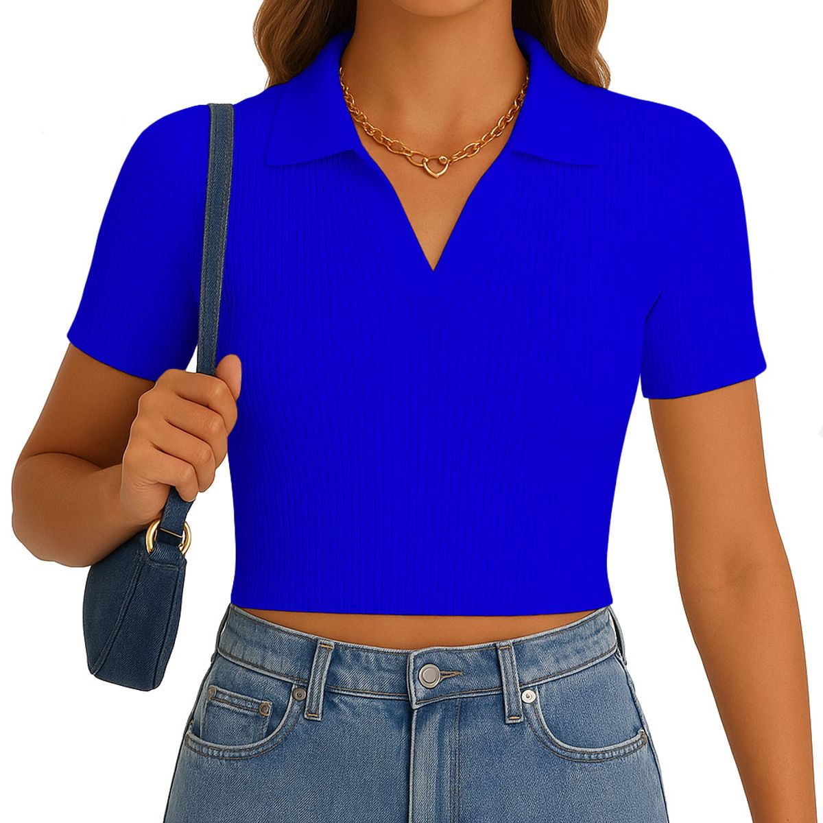 GENERICO - Polo Mujer Camisero Manga Corta New 710-13 Rib Grueso Color Azulino