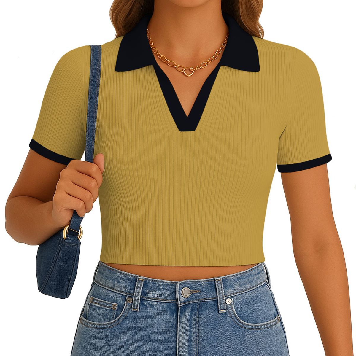 GENERICO - Polo Mujer Camisero Bicolor Manga Corta Rib Grueso New 710-13 Color Mostaza