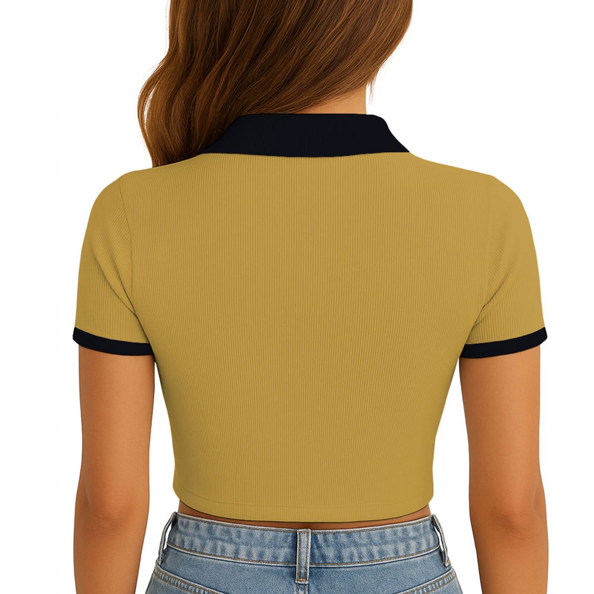 GENERICO - Polo Mujer Camisero Bicolor Manga Corta Rib Grueso New 710-13 Color Mostaza