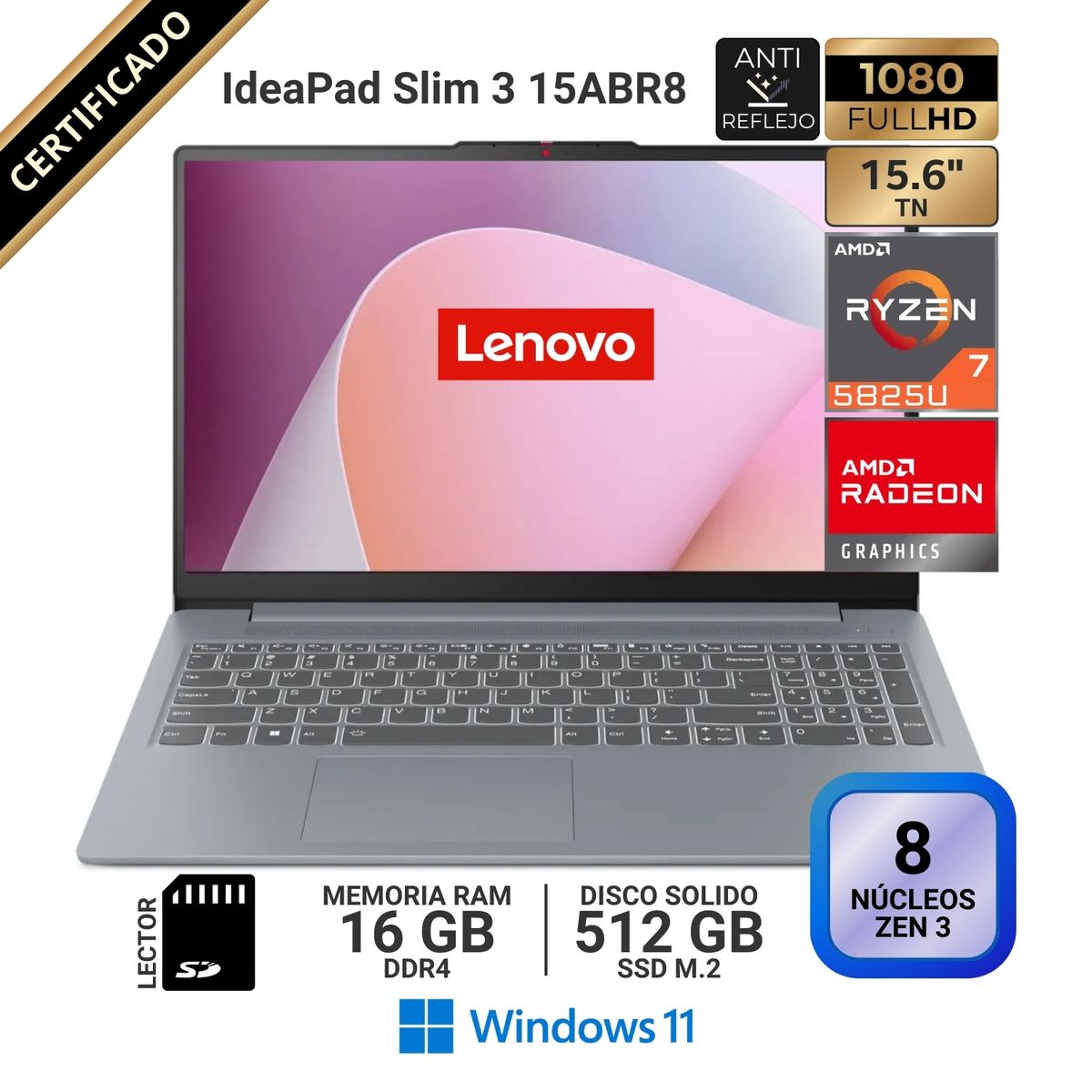 LENOVO - Laptop Lenovo IdeaPad Slim 3 15ABR8 15.6” FHD TN, AMD Ryzen 7 5825U, RAM 16GB, SSD 512GB, Win 11 Pro