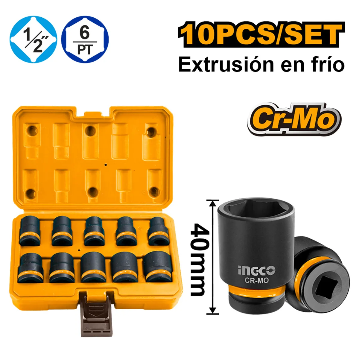 INGCO TOOLS - SET 10 DADOS DE IMPACTO INGCO 1/2" DE 10 A 24MM HKISSD12101