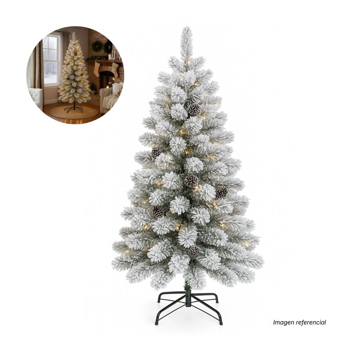 GENERICO - Arbol de Navidad con Luces - 1.80 m Nevado Frondoso con Piñas