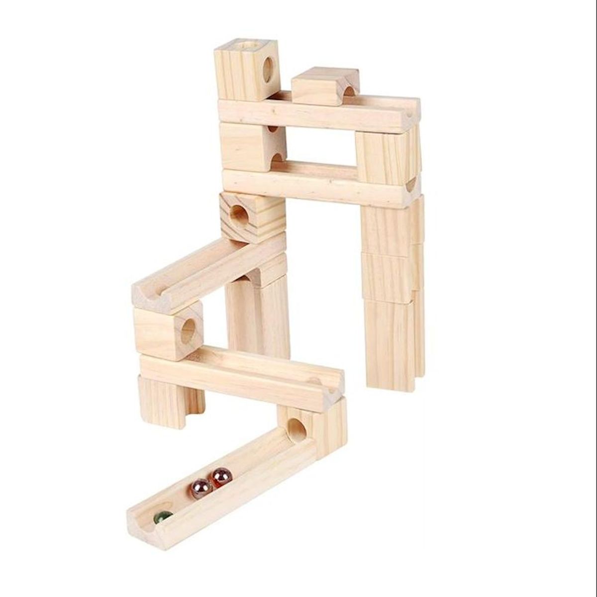 GENERICO - Multicircuito Didáctico de Canicas de 60 piezas. Madera Natural