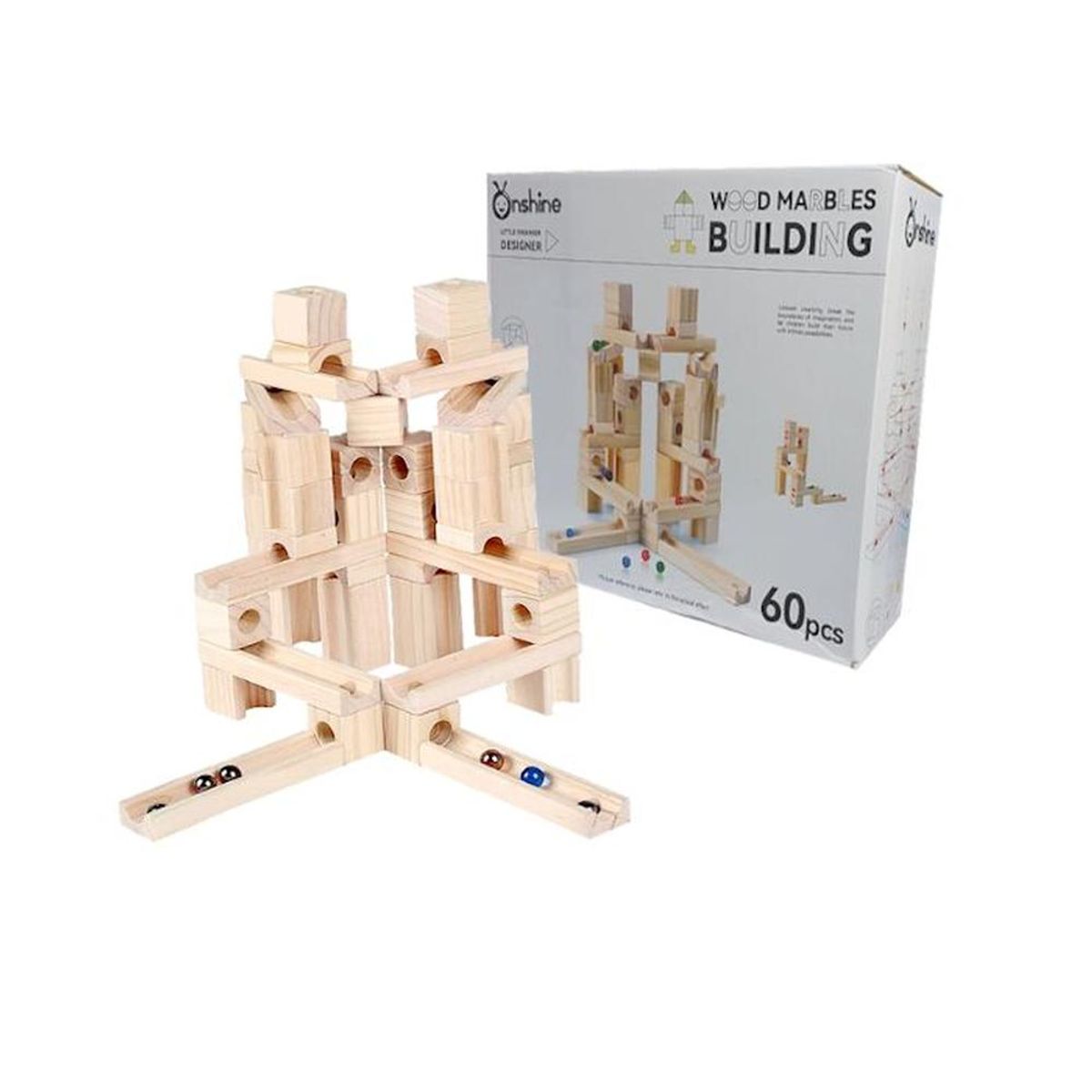 GENERICO - Multicircuito Didáctico de Canicas de 60 piezas. Madera Natural