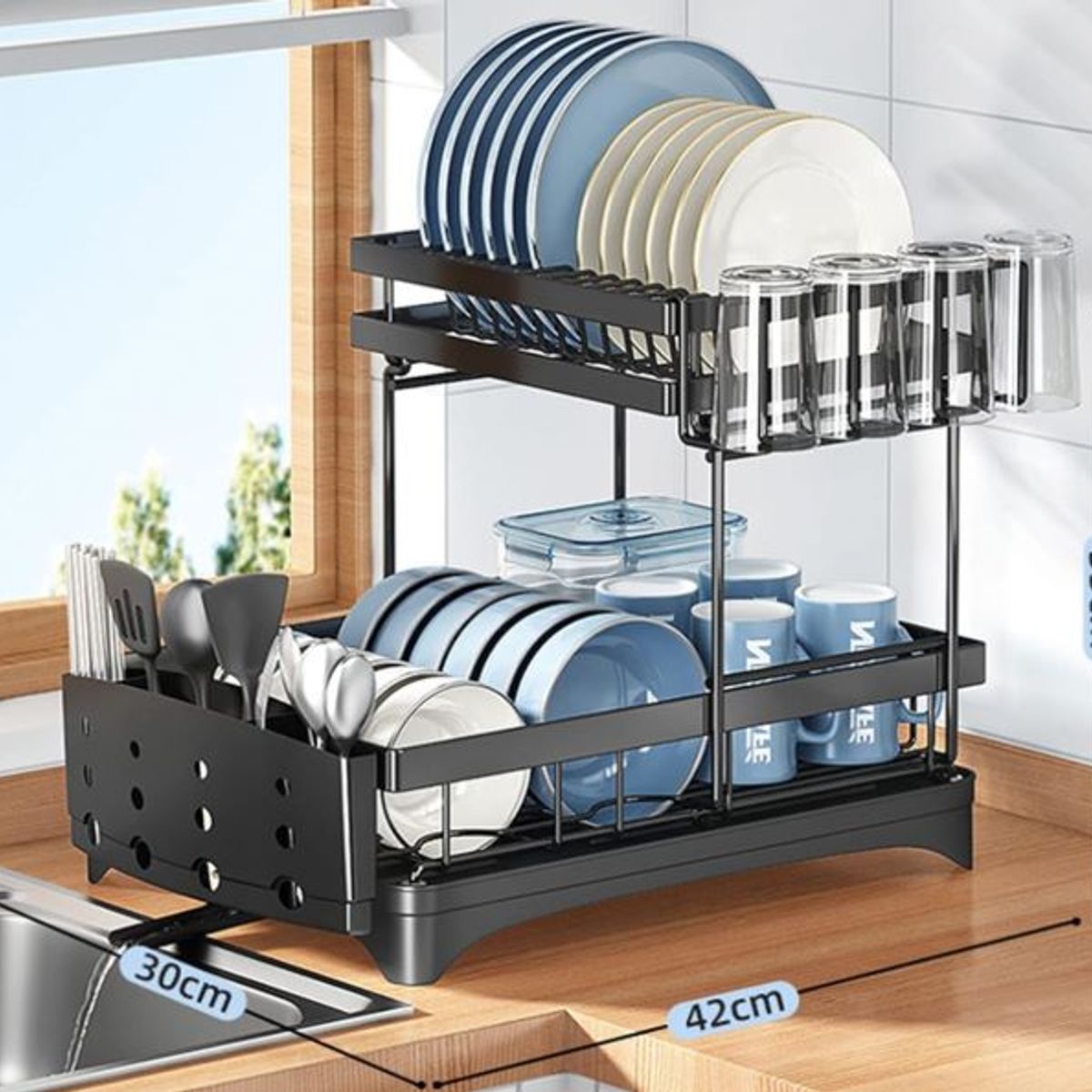 GENERICO - Escurridor de Platos de dos niveles con Posavasos y Drenanaje movible