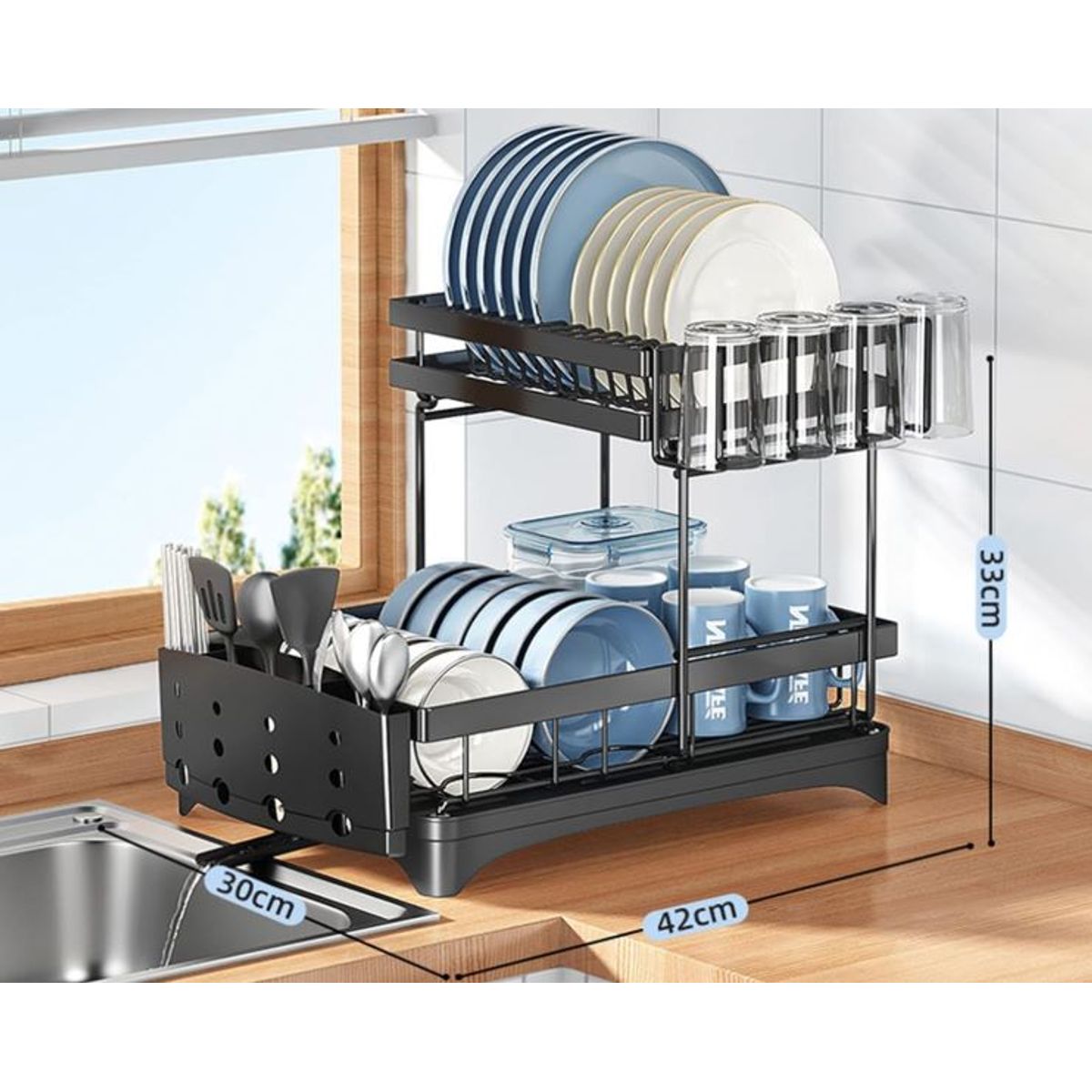 GENERICO - Escurridor de Platos de dos niveles con Posavasos y Drenanaje movible