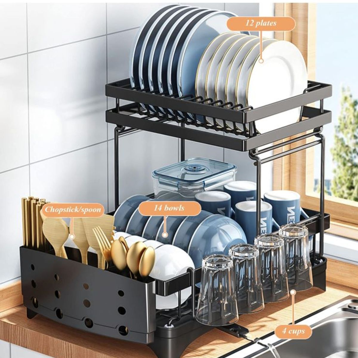 GENERICO - Escurridor de Platos de dos niveles con Posavasos y Drenanaje movible