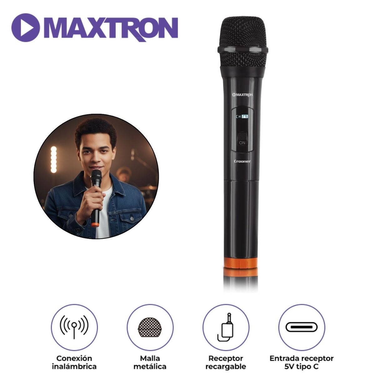 MAXTRON - Micrófono Inalámbrico Maxtron Crooner MX 758 Compatible con Equipos de Sonido con Plug 6.35 mm