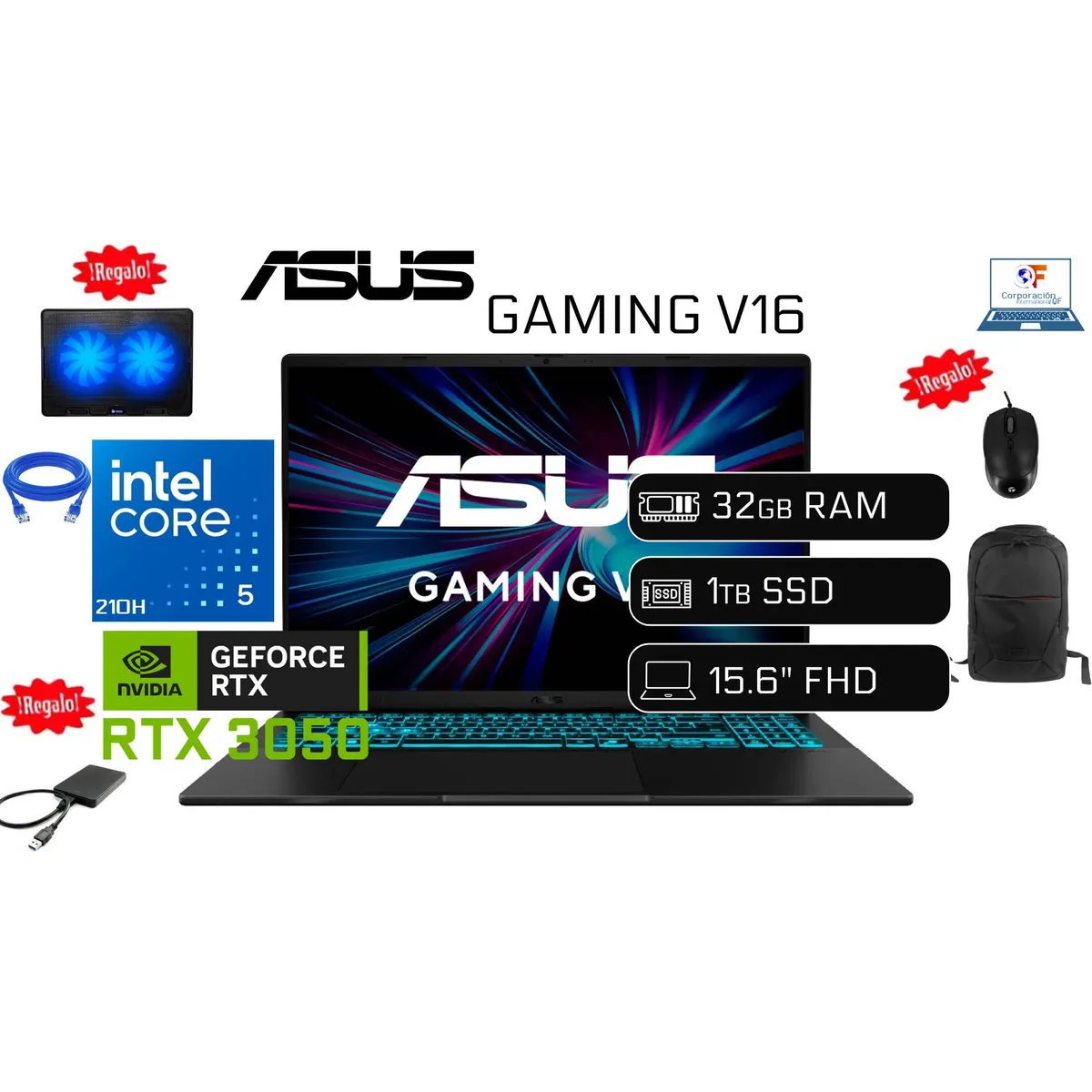 ASUS - LAPTOP GAMER V16 Intel Core 5 210H 32GB 1TB SSD NVIDIA RTX 3050 6GB Video 1TBHDD EXTERNO + REGALOS.