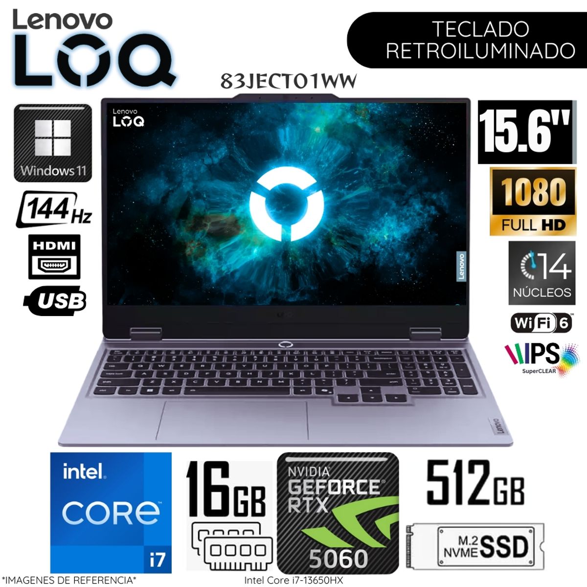LENOVO - Laptop Lenovo LOQ CTO 83JECTO1WW Intel Core 7-13650HX 16GB RAM 512GB SSD 15.6"  FHD RTX5060-8GB WIN11
