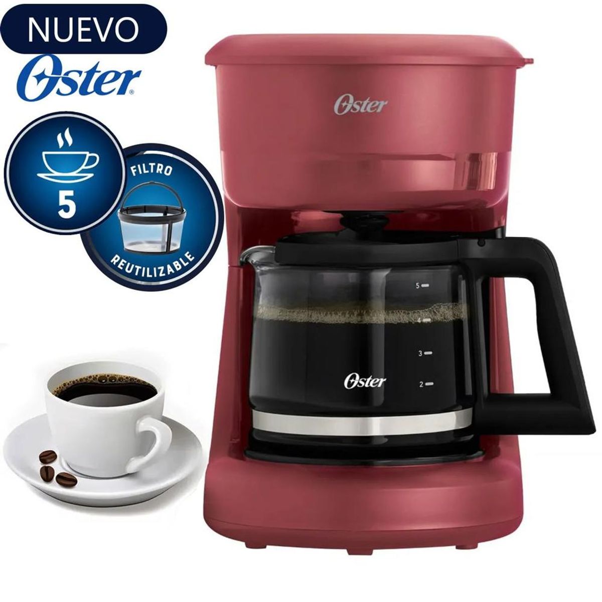 OSTER - Cafetera Oster 5tz de filtro reutilizable Roja BVSTDCS51R
