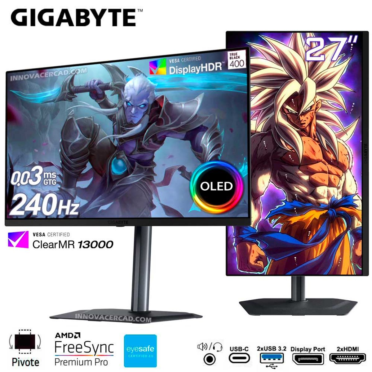 GIGABYTE - Monitor 27 Gigabyte MO27Q2 2K QHD OLED 240hz 0.03ms, Pivote, 10 BITS, FreeSync Premium Pro