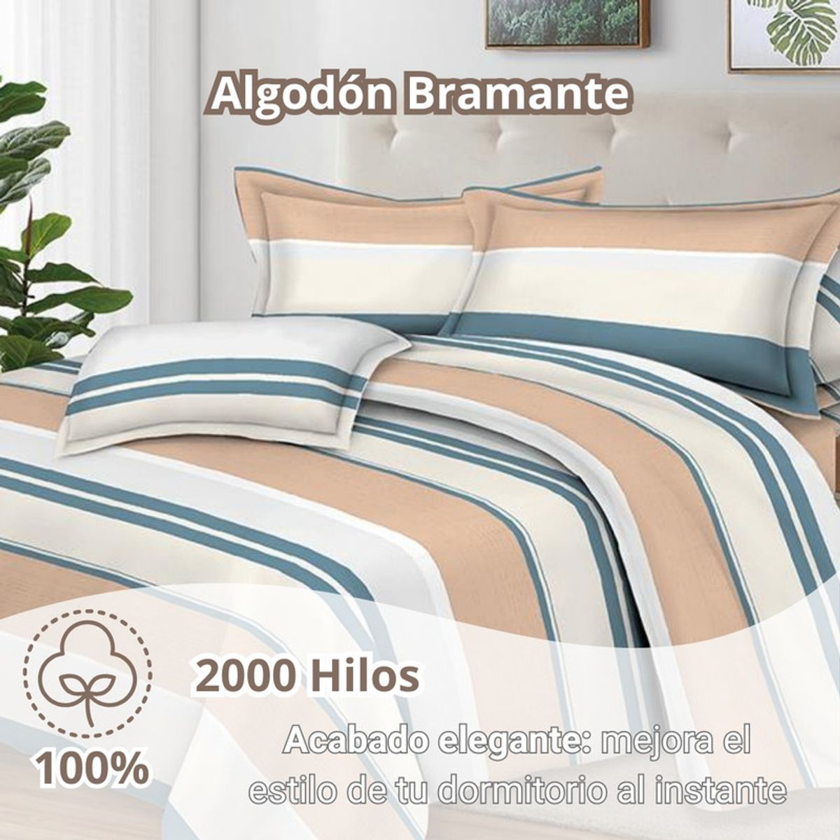 Pentha - Juego de Sábanas 100% Suave Algodón 2Plazas 4 Piezas 2000 Hilos Rayas Melón Aqua