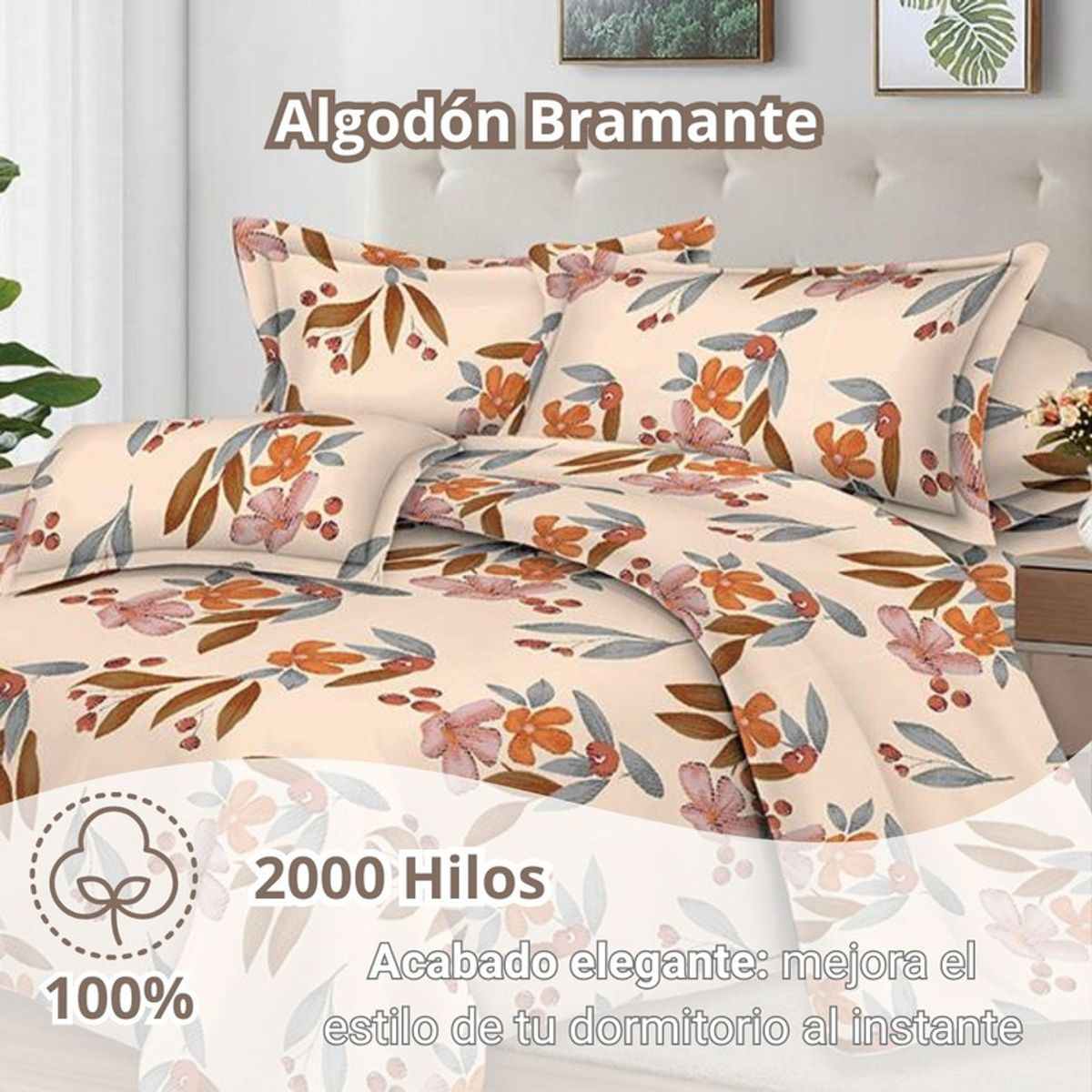 PENTHA - Juego de Sábanas 100% Suave Algodón 2Plazas 4 Piezas 2000 Hilos Floral Terracota