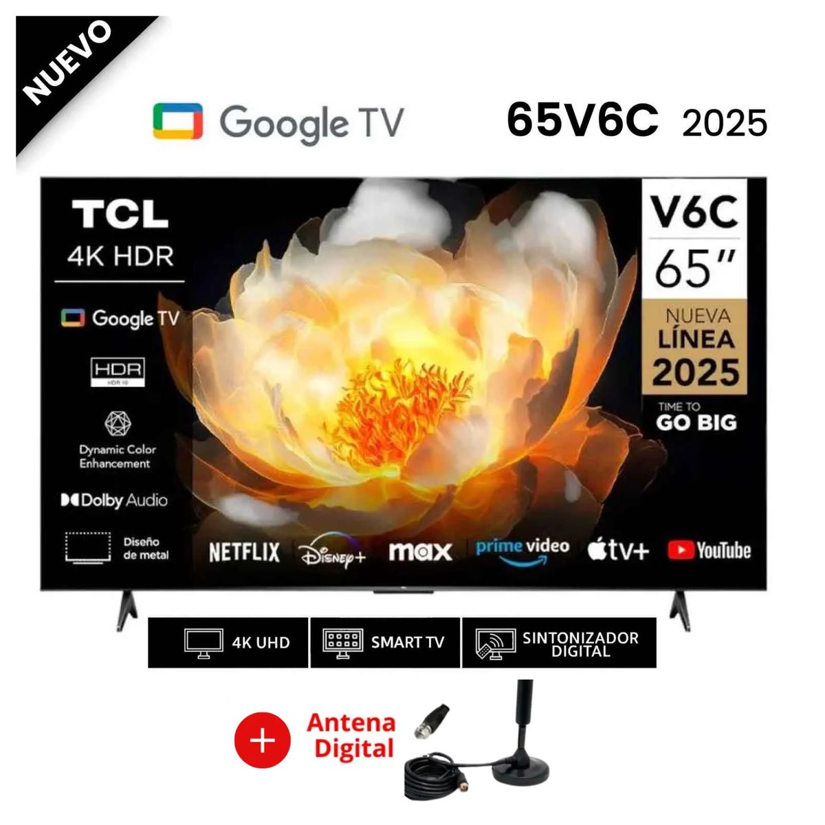 TCL - Televisor TCL 65 LED 4K 65V6C Google TV 2025 + Antena Digital