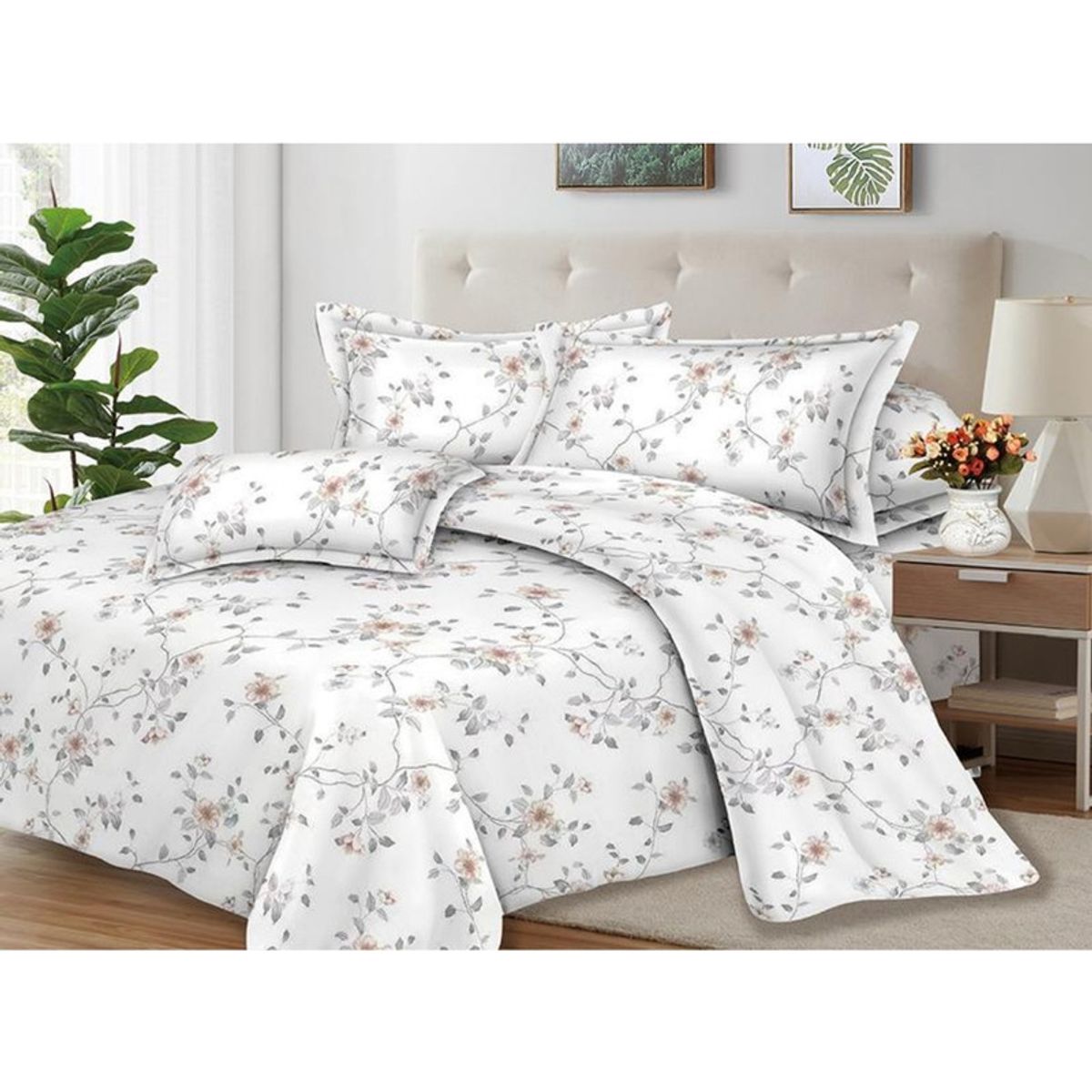 PENTHA - Juego de Sábanas 100% Suave Algodón 2Plazas 4 Piezas 2000 Hilos Jardin Blanco