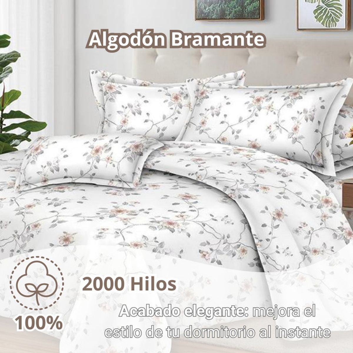 PENTHA - Juego de Sábanas 100% Suave Algodón 2Plazas 4 Piezas 2000 Hilos Jardin Blanco