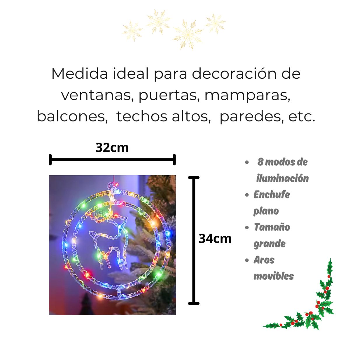 GENERICO - Luces de Navidad Led, Circular Doble Aro, Multicolor 34 cm para Ventanas, Puertas, Mamparas