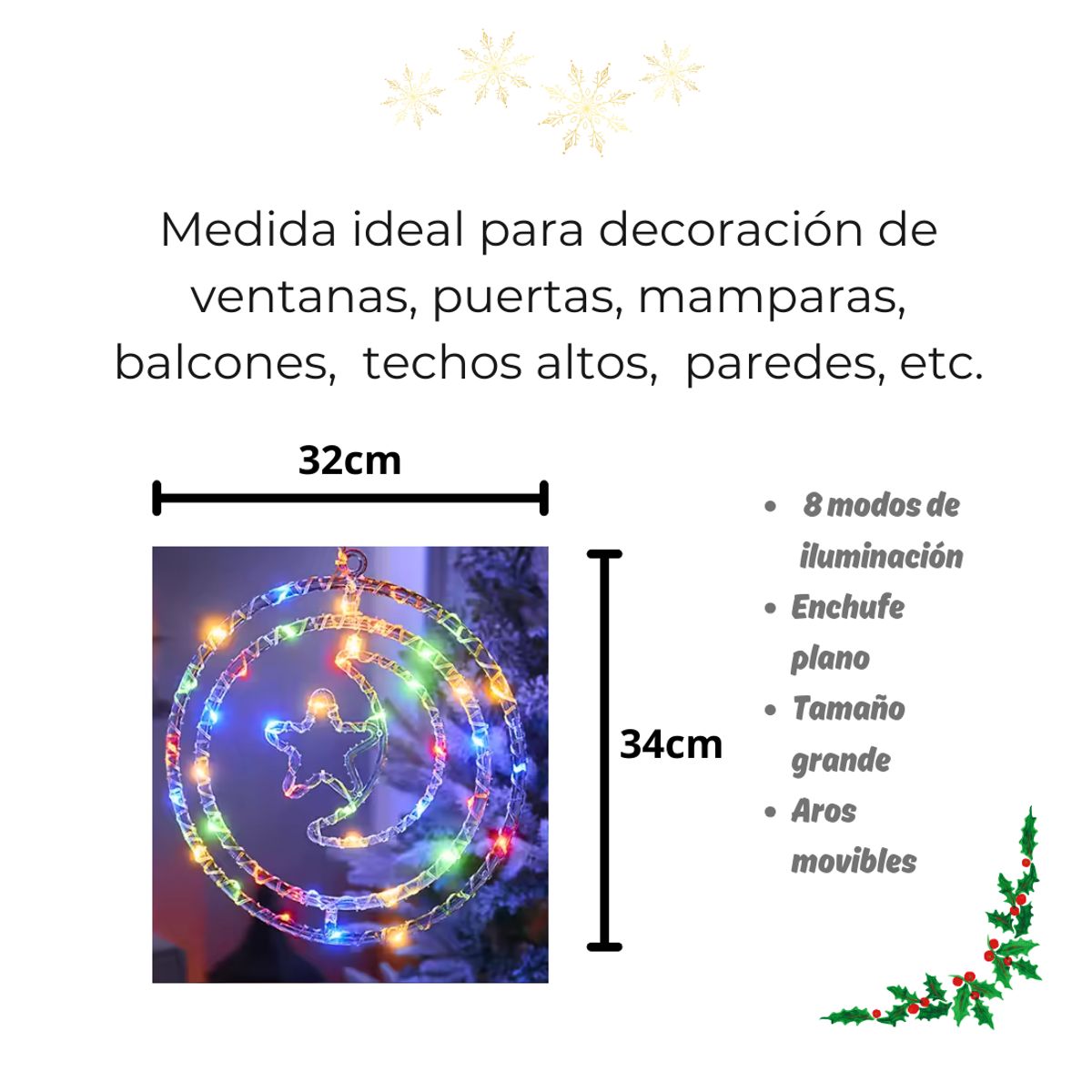 GENERICO - Luces de Navidad Led, Circular Doble Aro, Multicolor 34 cm para Ventanas, Puertas, Mamparas