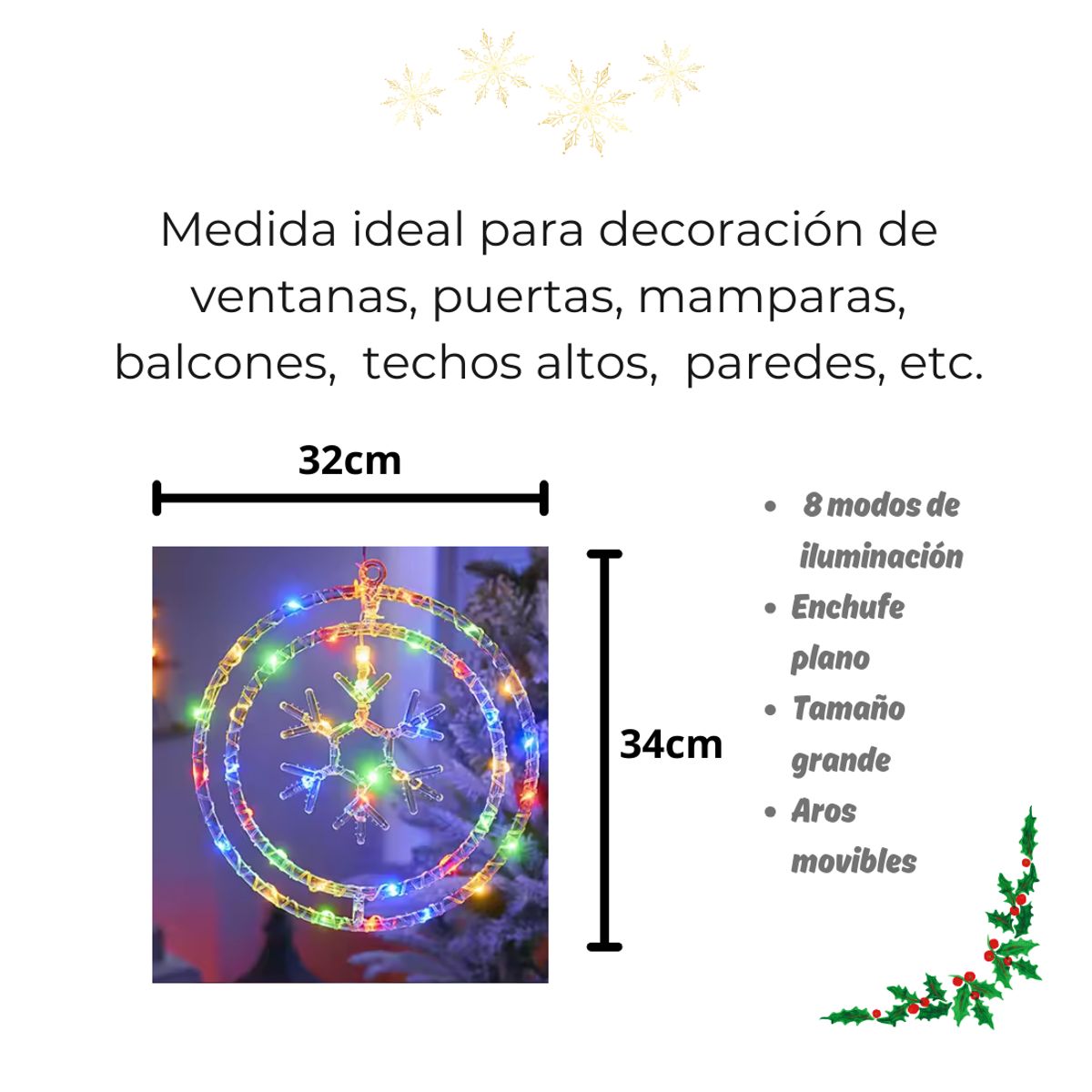 GENERICO - Luces de Navidad Led, Circular Doble Aro, Multicolor 34 cm para Ventanas, Puertas, Mamparas