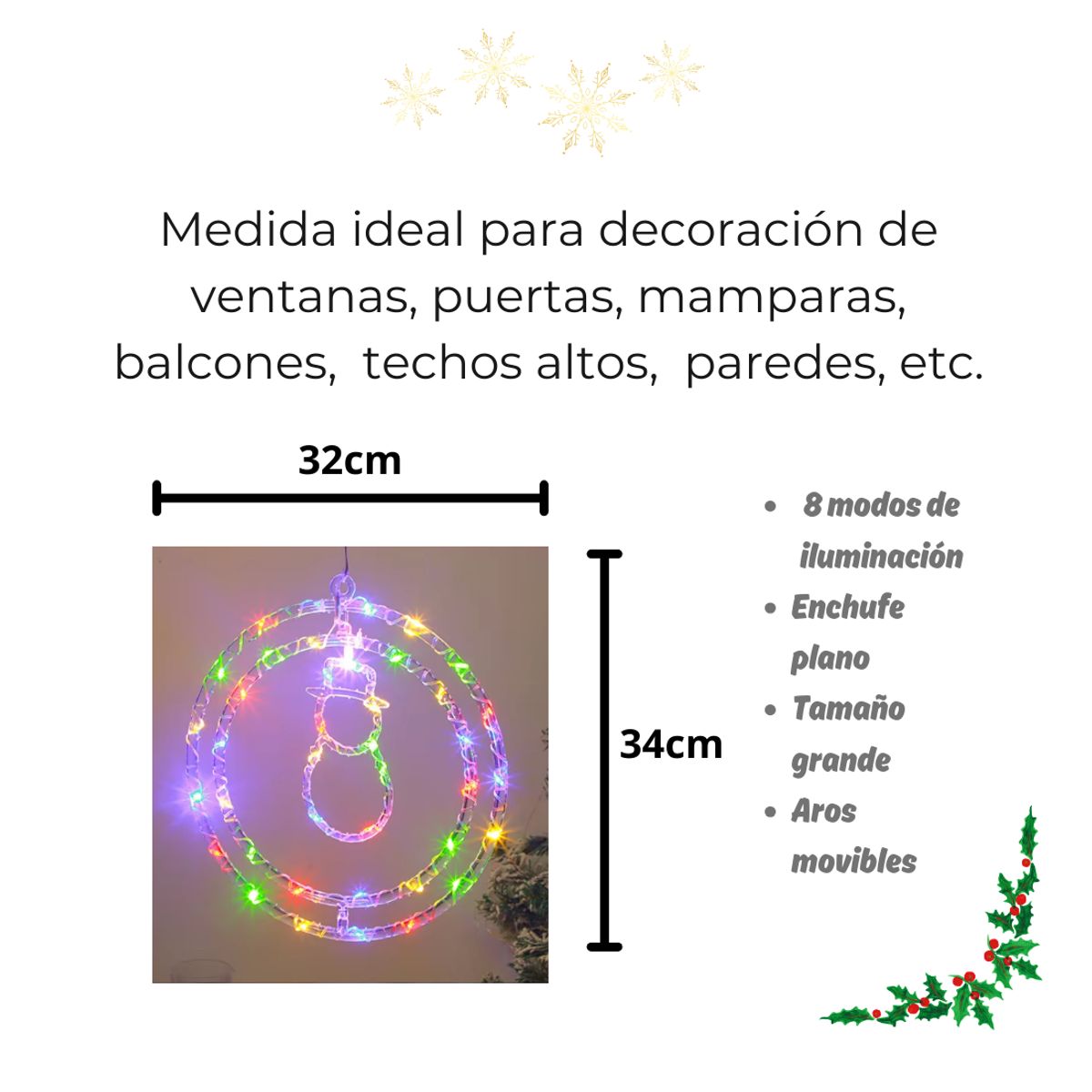 GENERICO - Luces de Navidad Led, Circular Doble Aro, Multicolor 34 cm para Ventanas, Puertas, Mamparas