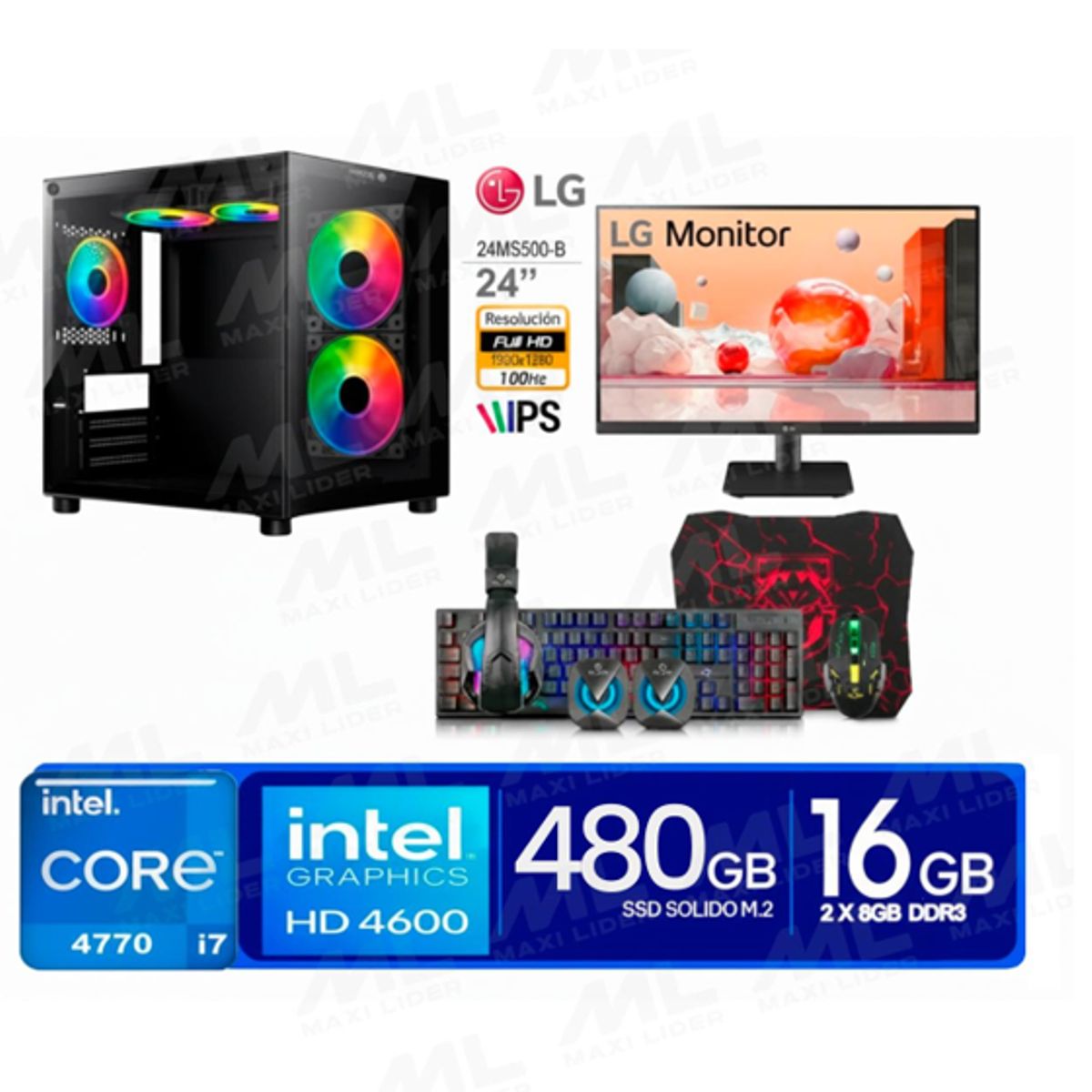 INTEL - COMPUTADORA DE ESCRITORIO CORE I7 4770  16GB RAM SSD 480GB 2.5 MONITOR 23.5 FHD