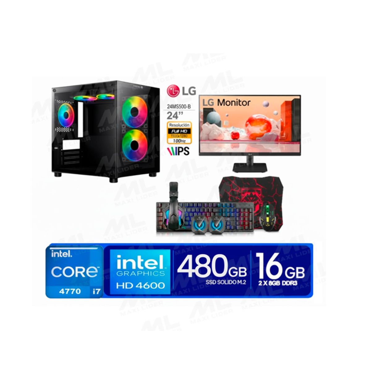 INTEL - COMPUTADORA DE ESCRITORIO CORE I7 4770  16GB RAM SSD 480GB 2.5 MONITOR 23.5 FHD