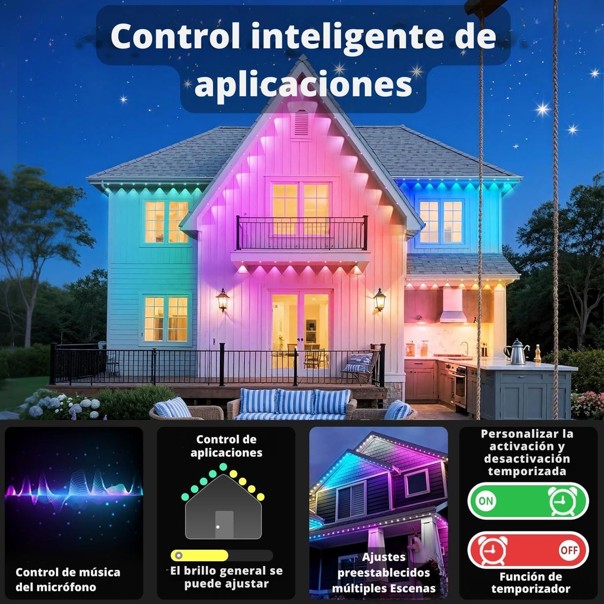 GENERICO - Luces LED Exterior RGB 15m IP67 con App Bluetooth Modo Música y Escenas