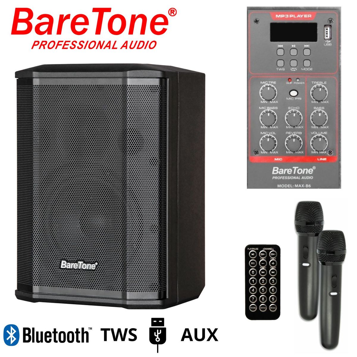 BARETONE - Parlante Baretone Profesional MAX B6 USB BT TWS 02 Micrófonos