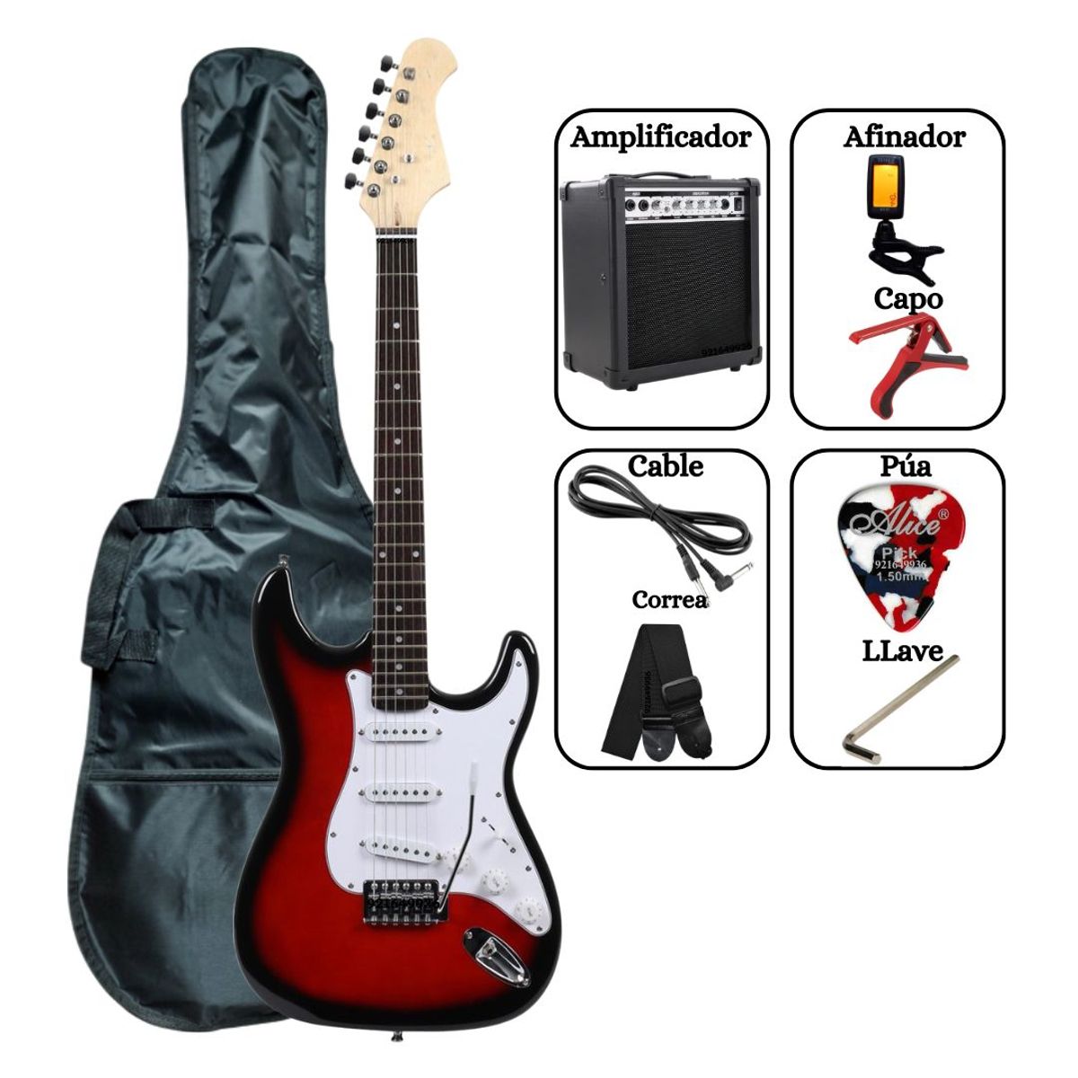 GENERICO - PACK Guitarra Eléctrica Rojo Vine con Amplificador Funda Afinador Cable y Accesorios