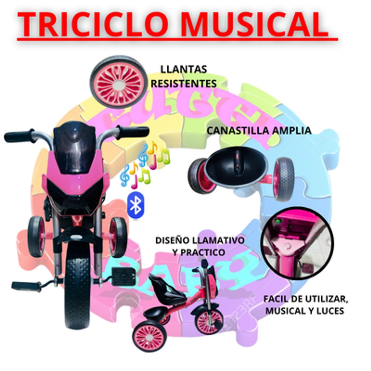EBABY - TRICICLO MUSICAL CON LUCES Y BLUETOOTH - ROSADO